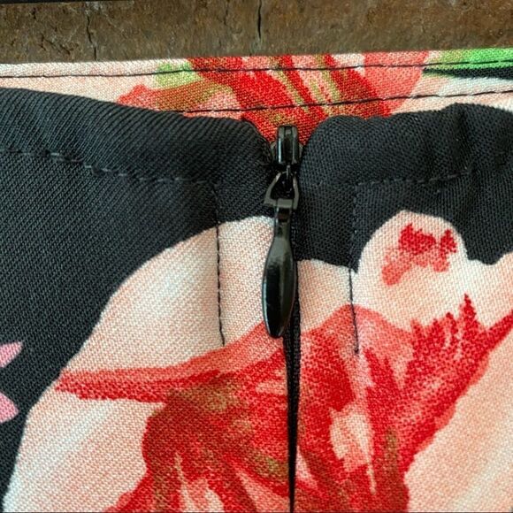 Black, Pink, and Green Vibrant Floral Print A-Line Skirt w/ Zipper and Elastic - Picture 4 of 7